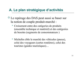 11
A. Le plan stratégique d’activités
 Le repérage des DAS peut aussi se baser sur
la notion de couple produit-marché :
 Croisement entre des catégories de produits
(ensemble technique et matériel) et des catégories
de besoins (segments de consommateurs )
 Michelin cible le marché des véhicules (pneus),
celui des voyageurs (cartes routières), celui des
touristes (guides touristiques)…
 