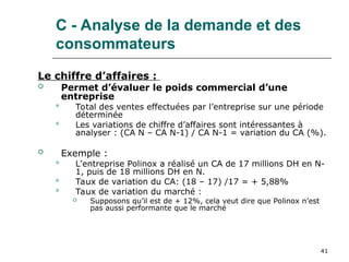 41
C - Analyse de la demande et des
consommateurs
Le chiffre d’affaires :
 Permet d’évaluer le poids commercial d’une
entreprise
 Total des ventes effectuées par l’entreprise sur une période
déterminée
 Les variations de chiffre d’affaires sont intéressantes à
analyser : (CA N – CA N-1) / CA N-1 = variation du CA (%).
 Exemple :
 L’entreprise Polinox a réalisé un CA de 17 millions DH en N-
1, puis de 18 millions DH en N.
 Taux de variation du CA: (18 – 17) /17 = + 5,88%
 Taux de variation du marché :
 Supposons qu’il est de + 12%, cela veut dire que Polinox n’est
pas aussi performante que le marché
 
