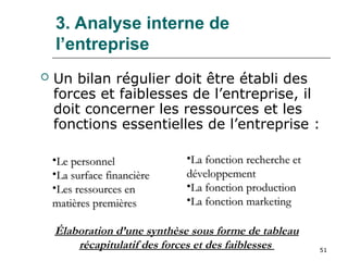 51
3. Analyse interne de
l’entreprise
 Un bilan régulier doit être établi des
forces et faiblesses de l’entreprise, il
doit concerner les ressources et les
fonctions essentielles de l’entreprise :
•La fonction recherche et
La fonction recherche et
développement
développement
•La fonction production
La fonction production
•La fonction marketing
La fonction marketing
•Le personnel
Le personnel
•La surface financière
La surface financière
•Les ressources en
Les ressources en
matières premières
matières premières
Élaboration d’une synthèse sous forme de tableau
récapitulatif des forces et des faiblesses
 