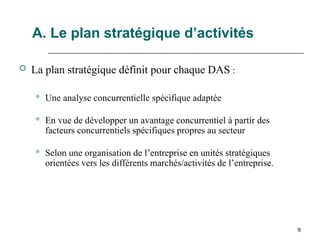 9
 La plan stratégique définit pour chaque DAS :
 Une analyse concurrentielle spécifique adaptée
 En vue de développer un avantage concurrentiel à partir des
facteurs concurrentiels spécifiques propres au secteur
 Selon une organisation de l’entreprise en unités stratégiques
orientées vers les différents marchés/activités de l’entreprise.
A. Le plan stratégique d’activités
 