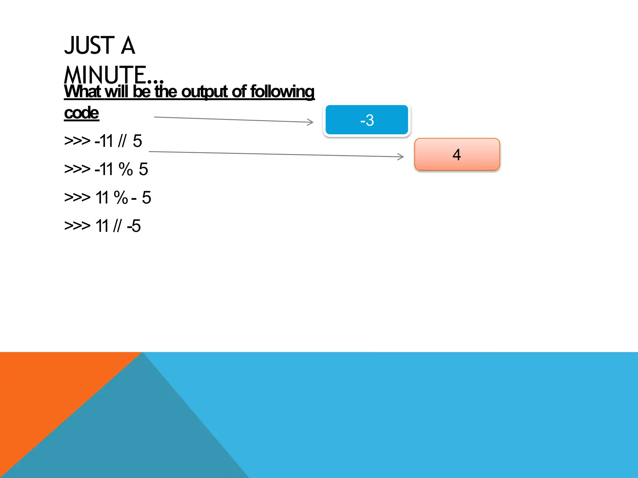 JUST A
MINUTE…
What will be the output of following
code
>>> -11 // 5
>>> -11 % 5
>>> 1
1%- 5
>>> 1
1// -5
-3
4
 