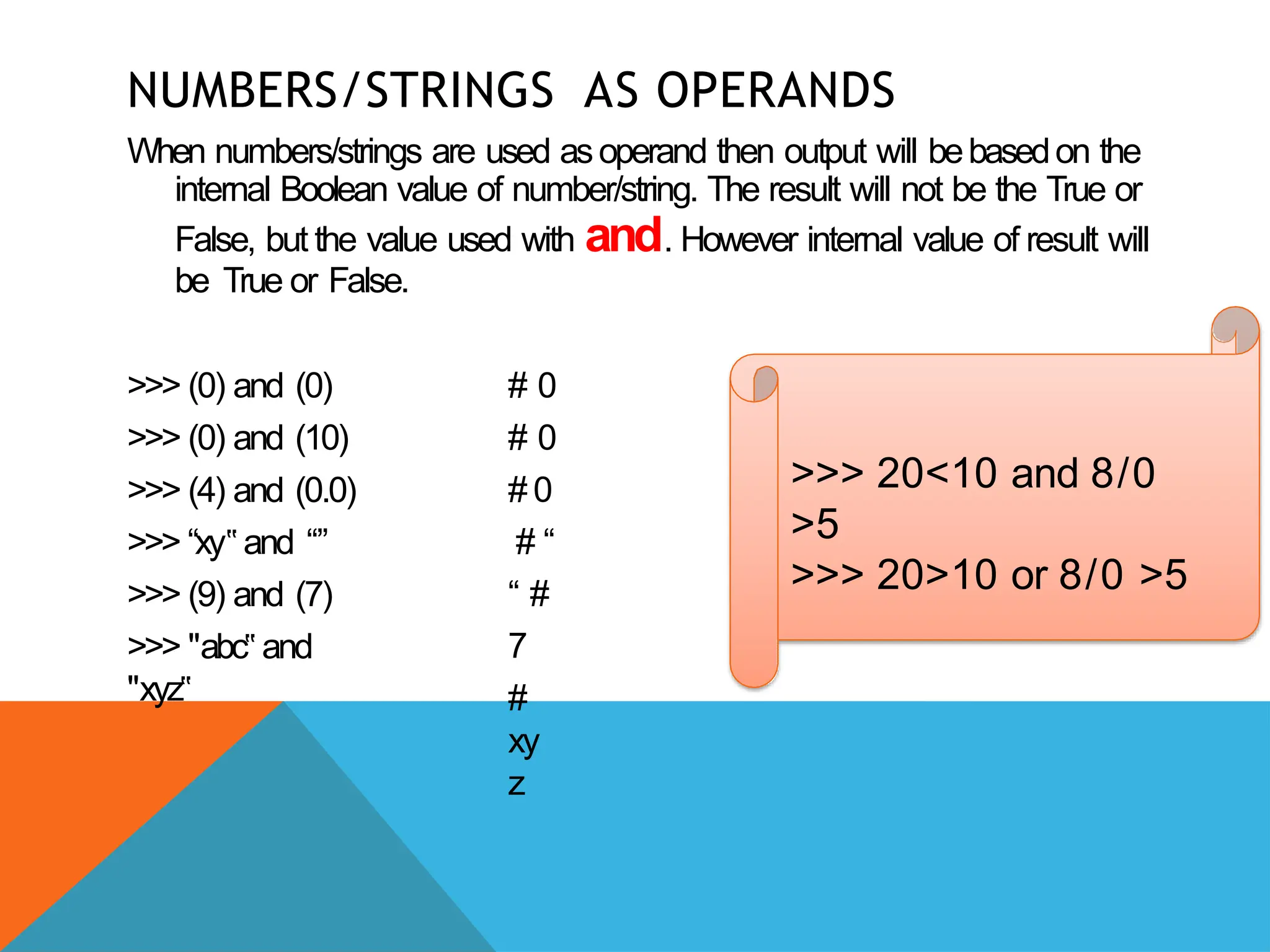 NUMBERS/STRINGS AS OPERANDS
When numbers/strings are used asoperand then output will bebasedon the
internal Boolean value of number/string. The result will not be the True or
False, but the value used with and. However internal value of result will
be True or False.
>>> (0) and (0)
>>> (0) and (10)
>>> (4) and (0.0)
>>> “xy‟ and “”
>>> (9) and (7)
>>> "abc‟ and
"xyz‟
# 0
# 0
# 0
# “
“ #
7
#
xy
z
>>> 20<10 and 8/0
>5
>>> 20>10 or 8/0 >5
 