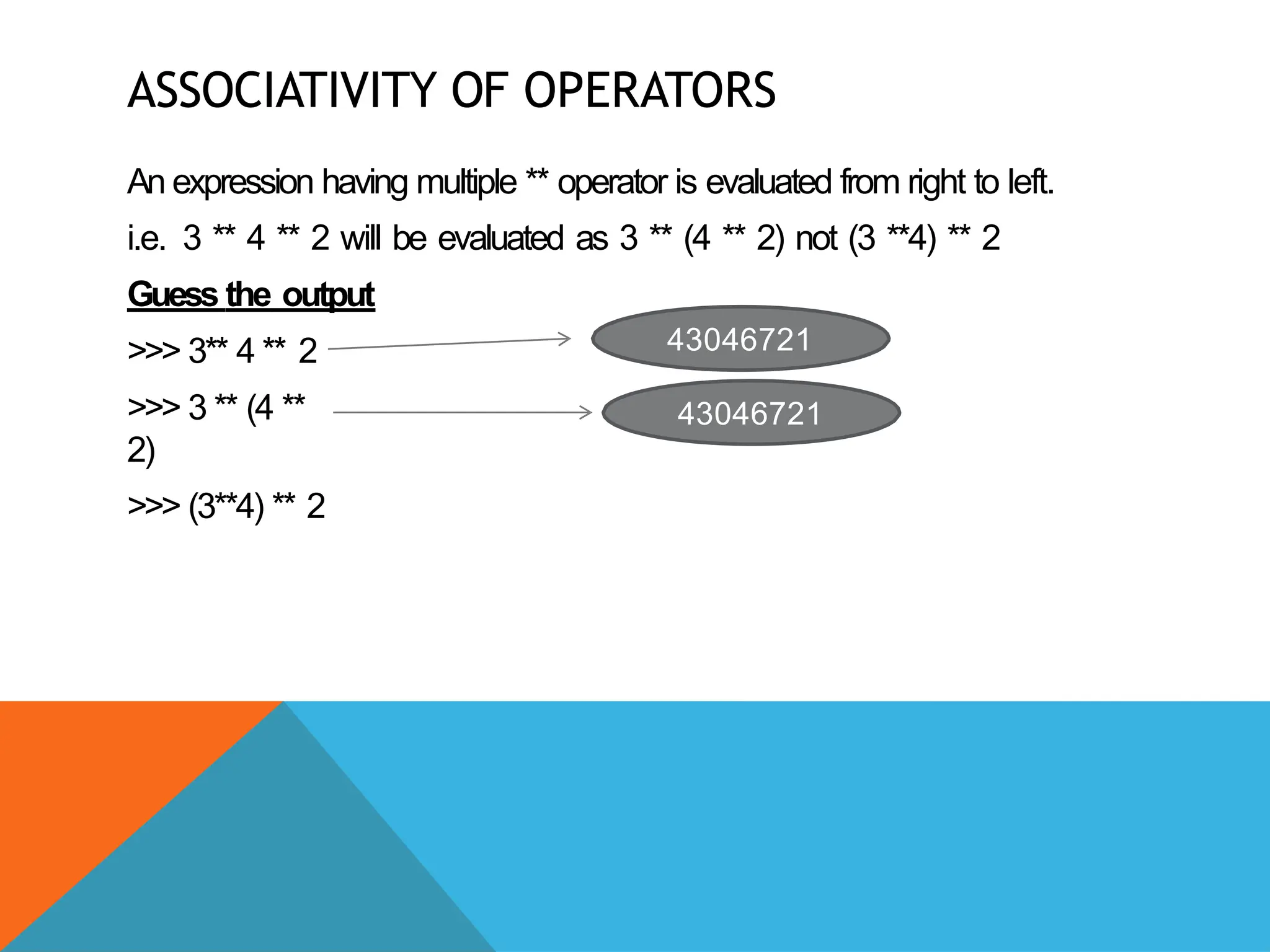 ASSOCIATIVITY OF OPERATORS
An expression having multiple ** operator is evaluated from right to left.
i.e. 3 ** 4 ** 2 will be evaluated as 3 ** (4 ** 2) not (3 **4) ** 2
Guess the output
>>> 3** 4 ** 2
>>> 3 ** (4 **
2)
>>> (3**4) ** 2
43046721
43046721
 