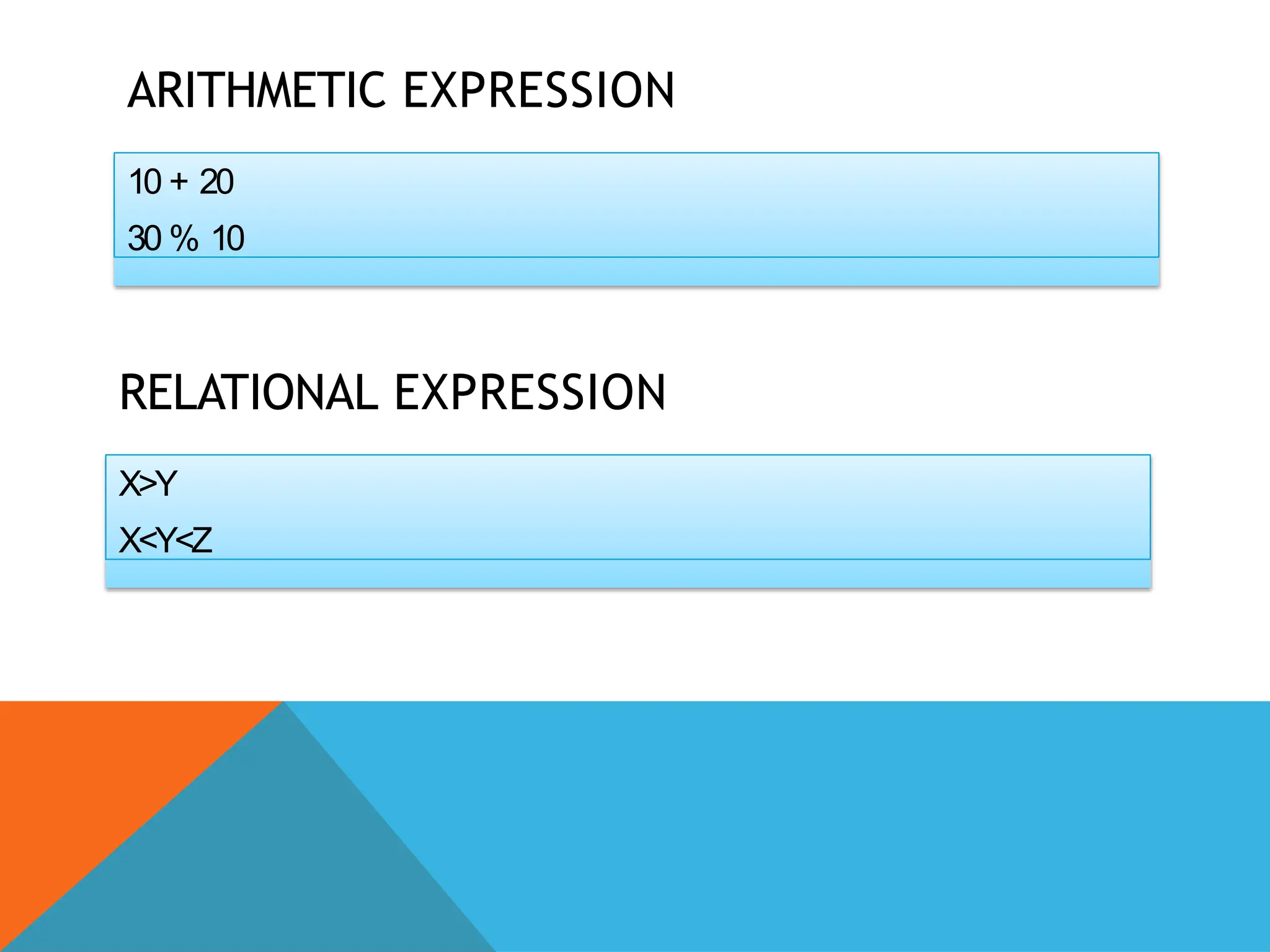 ARITHMETIC EXPRESSION
10 + 20
30 % 10
RELATIONAL EXPRESSION
X>Y
X<Y<Z
 