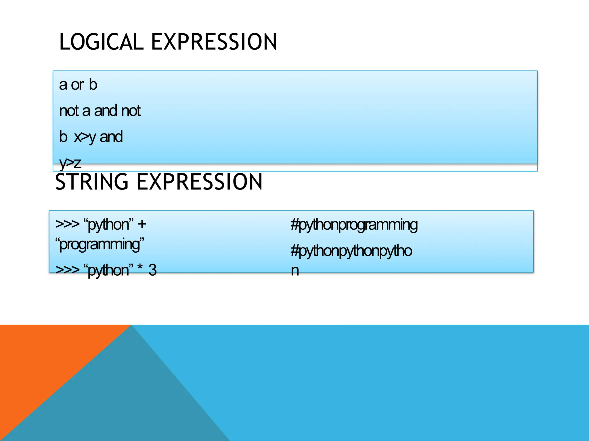 LOGICAL EXPRESSION
a or b
not a and not
b x>y and
y>z
STRING EXPRESSION
>>> “python” +
“programming”
>>> “python” * 3
#pythonprogramming
#pythonpythonpytho
n
 