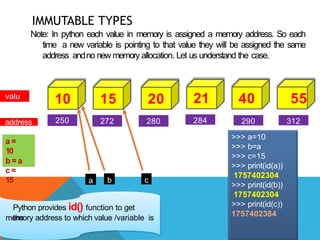 IMMUTABLE TYPES
Note: In python each value in memory is assigned a memory address. So each
time a new variable is pointing to that value they will be assigned the same
address andno new memory allocation. Let us understand the case.
10 15 20 21 40 55
valu
e
address 250 272 280 284 290 312
a =
10
b = a
c =
15 a b c
>>> a=10
>>> b=a
>>> c=15
>>> print(id(a))
1757402304
>>> print(id(b))
1757402304
>>> print(id(c))
1757402384
Python provides id() function to get
the
memory address to which value /variable is
 