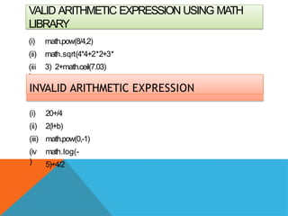 VALID ARITHMETIC EXPRESSION USING MATH
LIBRARY
(i)
(ii)
(iii
)
math.pow(8/4,2)
math.sqrt(4*4+2*2+3*
3) 2+math.ceil(7.03)
INVALID ARITHMETIC EXPRESSION
(i)
(ii)
(iii)
(iv
)
20+/4
2(l+b)
math.pow(0,-1)
math.log(-
5)+4/2
 