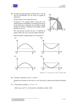 matA12
trigonometria
www.matematicaonline.pt
geral@matematicaonline.pt
31 / 52
62. Na figura está representado, em referencial o.n. xOy, um
arco de circunferência AB, de centro na origem do
referencial.
O ponto Q move-se ao longo desse arco.
Os pontos P e R, situados sobre os eixos Ox e Oy,
respetivamente, acompanham o movimento do ponto Q,
de tal forma que o segmento de reta [PQ] é sempre
paralelo ao eixo Oy e o segmento de reta [QR] é sempre
paralelo ao eixo Ox.
Para cada posição do ponto Q, seja x a amplitude do
ângulo AOQ e seja  
h x a área da região sombreada.
Qual dos gráficos seguintes pode ser o da função h?
(A) (B)
(C) (D)
matemática A – 12º ano, exame 435, 1ª fase, 2ª chamada, 2003
63. Considere a expressão   2
sin
f x a b x
  .
Sempre que se atribui um valor real a a e um valor real a b, obtemos uma função de domínio
.
63.1. Nesta alínea, considere 2
a  e 5
b   .
Sabe-se que
1
tan
2
  . Sem recorrer à calculadora, calcule  
f  .
 