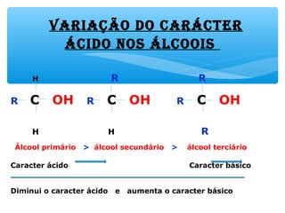 Variação do caráctEr
ácido nos álcoois
H R R
R C OH R C OH R C OH
H H R
Álcool primário > álcool secundário > álcool terciário
Caracter ácido Caracter básico
____________________________________________________________________________________________
Diminui o caracter ácido e aumenta o caracter básico
 