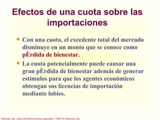 Efectos de una cuota sobre las importaciones Con una cuota, el excedente total del mercado disminuye en un monto que se conoce como  pérdida de bienestar. La cuota potencialmente puede causar una gran pérdida de bienestar además de generar estímulos para que los agentes económicos obtengan sus licencias de importación mediante lobies. 