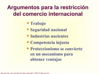 Argumentos para la restricción del comercio internacional Trabajo  Seguridad nacional Industrias nacientes Competencia injusta Proteccionismo se convierte en un mecanismo para obtener ventajas 