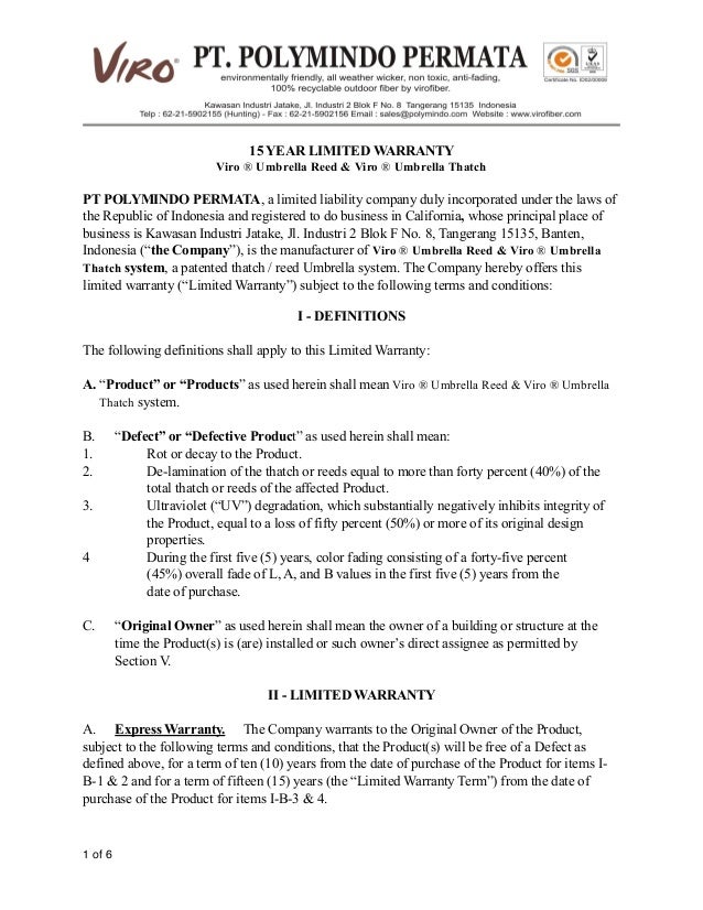 009 warranty letter of viro umbrella warranty letter