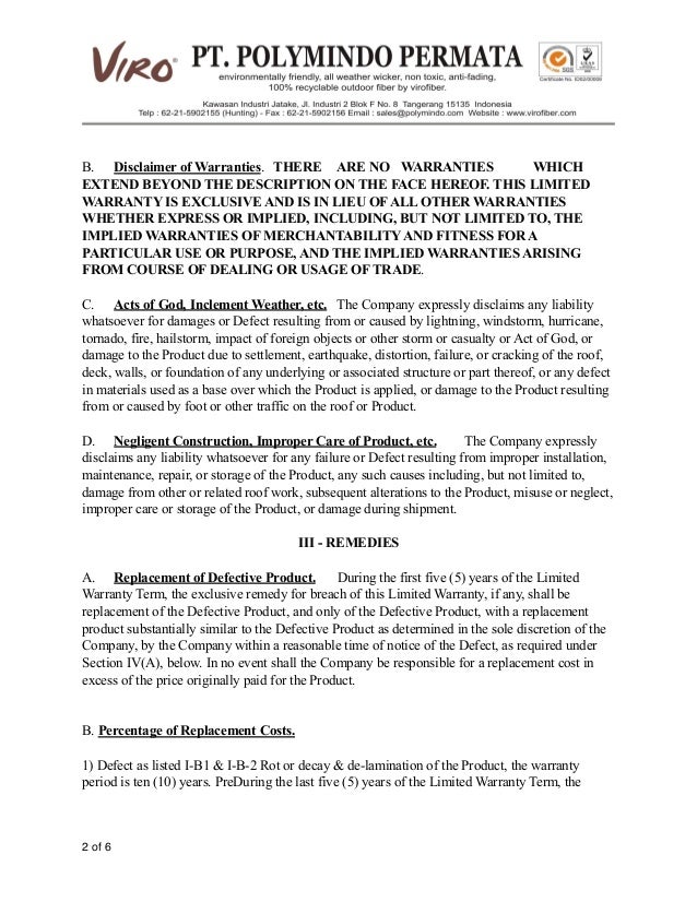 009 warranty letter of viro umbrella warranty letter
