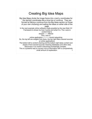Creating Big Idea Maps
Big Idea Maps divide the image frame into x (and y coordinates for
    the daring!) coordinates like a time line or continua. They are
  formed by taking a continua from the Big Ideas section (or those
  of your own choosing) and setting the ideas on either side of the
                                 page.
 In the next example online software made possible by the new Web 2.0
      Framework is shown by how it works and what it is. The x axis is
                                 content that is
                             shared--------filtered
                                 The y axis is
                online application-------------social networking
So, the top left are widgets that share, the top right filters several sources
                             or online applications,
The bottom left is content sharing and the bottom right takes content and
     shares it from several sources meaning databases and other sites.
        Discourse in our world is becoming increasingly complex.
This is a powerful way to convey a lot of information with a comparatively
                         small amount of explanation.                        18
 