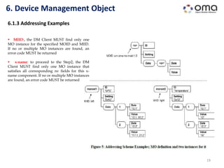 19
6. Device Management Object
6.1.3 Addressing Examples
 MIID:, the DM Client MUST find only one
MO instance for the specified MOID and MIID.
If no or multiple MO instances are found, an
error code MUST be returned
 x-name: to proceed to the Step2, the DM
Client MUST find only one MO instance that
satisfies all corresponding nv fields for this x-
name component. If no or multiple MO instances
are found, an error code MUST be returned
 