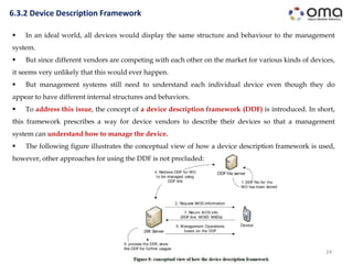 24
6.3.2 Device Description Framework
 In an ideal world, all devices would display the same structure and behaviour to the management
system.
 But since different vendors are competing with each other on the market for various kinds of devices,
it seems very unlikely that this would ever happen.
 But management systems still need to understand each individual device even though they do
appear to have different internal structures and behaviors.
 To address this issue, the concept of a device description framework (DDF) is introduced. In short,
this framework prescribes a way for device vendors to describe their devices so that a management
system can understand how to manage the device.
 The following figure illustrates the conceptual view of how a device description framework is used,
however, other approaches for using the DDF is not precluded:
 