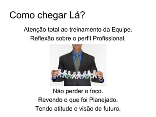 Como chegar Lá?
  Atenção total ao treinamento da Equipe.
    Reflexão sobre o perfil Profissional.




           Não perder o foco.
       Revendo o que foi Planejado.
      Tendo atitude e visão de futuro.
 