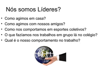 Nós somos Líderes?
•   Como agimos em casa?
•   Como agimos com nossos amigos?
•   Como nos comportamos em esportes coletivos?
•   O que fazíamos nos trabalhos em grupo lá no colégio?
•   Qual é o nosso comportamento no trabalho?
 