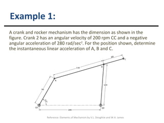 Example 1: A crank and rocker mechanism has the dimension as shown in the figure. Crank 2 has an angular velocity of 200 rpm CC and a negative angular acceleration of 280 rad/sec 2 . For the position shown, determine the instantaneous linear acceleration of A, B and C. 