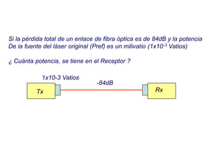 Si la pérdida total de un enlace de fibra óptica es de 84dB y la potencia
De la fuente del láser original (Pref) es un milivatio (1x10-3 Vatios)
¿ Cuánta potencia, se tiene en el Receptor ?
Tx Rx
1x10-3 Vatios
-84dB
 