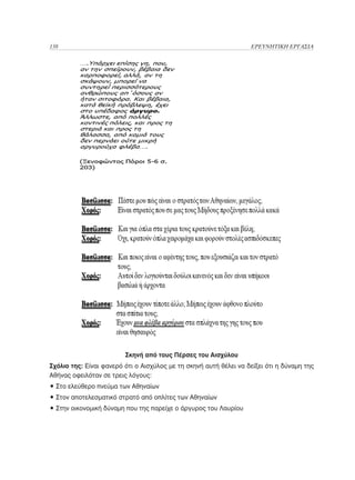 138	                                                               ΕΡΕΥΝΗΤΙΚΗ ΕΡΓΑΣΙΑ




                         Σκηνή από τους Πέρσες του Αισχύλου
Σχόλιο της: Είναι φανερό ότι ο Αισχύλος με τη σκηνή αυτή θέλει να δείξει ότι η δύναμη της
Αθήνας οφειλόταν σε τρεις λόγους:
• Στο ελεύθερο πνεύμα των Αθηναίων
• Στον αποτελεσματικό στρατό από οπλίτες των Αθηναίων
• Στην οικονομική δύναμη που της παρείχε ο άργυρος του Λαυρίου
 