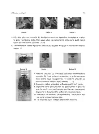 Ο Κύκλος του Νερού	                                                                        171

	                                                                                           	
	                                                                                           	
	                                                                                           	
	                                                                                           	
	                                                                                           	
	                                                                                           	
	                                                                                           	
	                                                                                           	

    	       Εικόνα 7			                   Εικόνα 8			                     Εικόνα 9


5.  ίξτε λίγο χώμα στο μπουκάλι (Β). Φυτέψτε τα φυτά σας. Φροντίστε, όταν ρίχνετε το χώμα
   Ρ
   το φιτίλι να στέκεται όρθιο. Ρίξτε χώμα μέχρι να σκεπαστεί το φιτίλι και τα φυτά σας να
   έχουν φυτευτεί σωστά. (Εικόνες 7, 8, 9)
6.  οποθετήστε σε κάποιο σημείο του μπουκαλιού (Β) μέσα στο χώμα το κουτάκι από το φιλμ.
   Τ
   (εικόνα 10)




           Εικόνα 10		               Εικόνα 11	     		                   Εικόνα 12


                           7. Ρίξτε στο μπουκάλι (Α) τόσο νερό ώστε όταν τοποθετήστε το
                              
                              μπουκάλι (Β), όπως φαίνεται στην εικόνα, το φιτίλι που περισ-
                              σεύει από το πώμα να υγραίνεται. (Το νερό στο μπουκάλι (Α)
                              προσομοιώνει τα υπόγεια νερά) (εικόνες 11, 12)
                           8. Στερεώστε τα δυο μπουκάλια με διάφανη κολλητική ταινία.
                           9.  τερεώστε και το τρίτο μπουκάλι (Γ), φροντίζοντας το φιτίλι του
                              Σ
                              να κρέμεται μέσα στο κουτί του φιλμ (αυτή θα είναι η «λίμνη μας).
                              Στερεώστε τα δυο μπουκάλια με διάφανη κολλητική ταινία.
                           10. Ρίξτε νερό και πάγο στο τρίτο μπουκάλι (Γ). Περιμένετε λίγο
                                
                                και κάντε τις παρατηρήσεις σας.
                           11. Τις επόμενες μέρες κοιτάξτε στο κουτάκι του φιλμ.
 