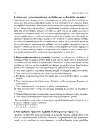 78	                                                                   ΤΕΤΑΡΤΟ ΚΕΦΑΛΑΙΟ

Δ. Αξιολόγηση της Λειτουργικότητας της Ομάδας και της Συμβολής των Μελών
Οι διαδικασίες που αφορούν: (α) στη λειτουργικότητα της ομάδας και (β) στη συμβολή των
μελών τόσο στις λειτουργικές διαδικασίες όσο και στην εκπόνηση της εργασίας είναι ιδιαίτε-
ρης σημασίας και πρέπει να αποτελέσουν αντικείμενο της διαμορφωτικής αξιολόγησης, αλλά
και της τελικής. Κατά την αξιολόγηση των διαδικασιών, οι μαθητές αποκτούν μεγαλύτερο
ρόλο από ό,τι συνηθίζεται, δεδομένου ότι τόσο ως μέλη όσο και ως ομάδα καλούνται να
διαδραματίσουν σημαντικό ρόλο στην αυτο-αξιολόγηση της συμβολής τους στη λειτουργικό-
τητα της ομάδας και στη γενικότερη αποτελεσματικότητα της ομάδας τους. Η εμπλοκή των
μαθητών στις παραπάνω διαδικασίες συμβάλλει στην ανάπτυξη του μεταγνωστικού επιπέδου,
που αποτελεί προϋπόθεση για την αυτο-ρυθμιζόμενη μάθηση και συμπεριφορά, καθώς και
στη συνειδητοποίηση των προσωπικών ευθυνών έναντι της ομάδας, των μελών της και του
έργου που καλείται να επιτελέσει. Τα δελτία αξιολόγησης της λειτουργικότητας της ομάδας
και της ατομικής συμβολής τα εντάσσουν οι μαθητές στον ατομικό τους φάκελο, όπου τηρού-
νται όλα τα παραστατικά της προσωπικής τους συμμετοχής στο κοινό έργο.

1. Αξιολόγηση λειτουργικότητας της ομάδας: Η εμπλοκή των μαθητών στην αξιολόγηση της
λειτουργικότητας της ομάδας επιτελεί διττό σκοπό: Πρώτο, σηματοδοτεί τη σπουδαιότητα
που αποδίδουμε στον ομαδοσυνεργατικό τρόπο μάθησης και, δεύτερο, εντοπίζει τα προβλή-
ματα λειτουργικότητας και, έτσι, συμβάλλει στην έγκαιρη αντιμετώπισή τους. Ερωτήματα που
βοηθούν στην αξιολόγηση της λειτουργικότητας είναι, μεταξύ άλλων, και τα εξής:
α. Πόσο αποτελεσματικός είναι/ήταν ο προγραμματισμός των επιμέρους φάσεων που κάνατε;
β. Πόσο συνεπείς είστε/ήσασταν στην τήρηση των χρονοδιαγραμμάτων;
γ.  ε τι βαθμό επικρατεί/επικρατούσε στην ομάδα σας πνεύμα ανάληψης ρόλων και πρωτο-
   Σ
   βουλιών;
δ.  όσο αποτελεσματικοί είστε/ήσασταν στη διαχείριση αντίθετων απόψεων, διαφωνιών και
   Π
   συγκρούσεων;
ε. Πόσο εύκολα καταλήγετε/καταλήγατε στη λήψη των αποφάσεων;
στ. Πόσο θετικό είναι/ήταν το κλίμα και το πνεύμα αποδοχής, συνεργασίας και στήριξης των
     
     μελών;
ζ. Πόσο εύκολος είναι/ήταν στην ομάδα σας ο συντονισμός και ο συλλογικός τρόπος εργασίας;
η. Πόσο αποτελεσματική είναι/ήταν η ομάδα σας στην αξιοποίηση του χρόνου;
  Για την αξιολόγηση κάθε ερώτησης θα υπάρχει πεντάβαθμη κλίμακα τύπου Likert, όπου το
1 δηλώνει «καθόλου» και το 5 «απόλυτα»:
  1    2     3     4    5


2. Αυτο-αξιολόγηση προσωπικής συμβολής στη λειτουργικότητα της ομάδας
Πρόκειται για διαδικασία αυτο-αξιολόγησης και η σημασία της είναι καθαρά παιδαγωγική,
όπως και στην προηγούμενη περίπτωση. Αναδεικνύει τις προσδοκίες που έχει η ομάδα από
τα μέλη της και τις ευθύνες των τελευταίων έναντι της ομάδας. Παρά τις όποιες επιφυλάξεις
 