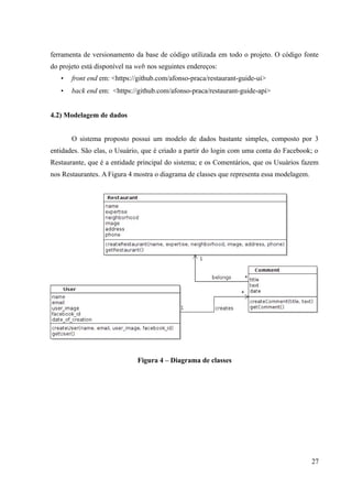 ferramenta de versionamento da base de código utilizada em todo o projeto. O código fonte
do projeto está disponível na web nos seguintes endereços:
• front end em: <https://github.com/afonso-praca/restaurant-guide-ui>
• back end em: <https://github.com/afonso-praca/restaurant-guide-api>
4.2) Modelagem de dados
O sistema proposto possui um modelo de dados bastante simples, composto por 3
entidades. São elas, o Usuário, que é criado a partir do login com uma conta do Facebook; o
Restaurante, que é a entidade principal do sistema; e os Comentários, que os Usuários fazem
nos Restaurantes. A Figura 4 mostra o diagrama de classes que representa essa modelagem.
Figura 4 – Diagrama de classes
27
 