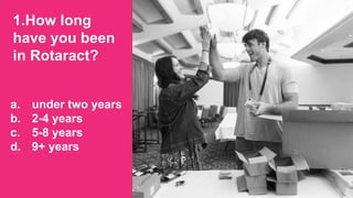 2019 Rotaract Preconvention #Rotaract19
a. under two years
b. 2-4 years
c. 5-8 years
d. 9+ years
1.How long
have you been
in Rotaract?
 
