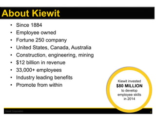 Kiewit Corporation
ABOUT KIEWIT
• Since 1884
• Employee owned
• Fortune 250 company
• United States, Canada, Australia
• Construction, engineering, mining
• $12 billion in revenue
• 33,000+ employees
• Industry leading benefits
• Promote from within
Kiewit invested
$80 MILLION
to develop
employee skills
in 2014
4
About Kiewit
 