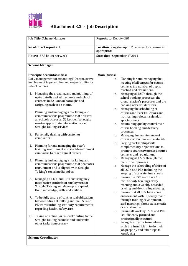 jd scheme manager and scheme co ordinator 1 deputy ceo job description