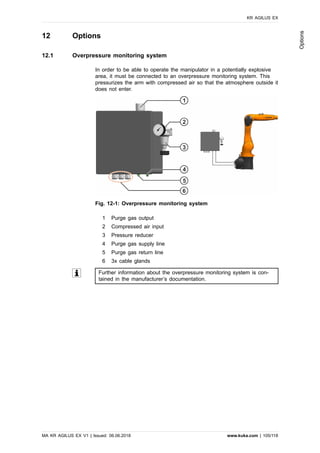 12 Options
12.1 Overpressure monitoring system
In order to be able to operate the manipulator in a potentially explosive
area, it must be connected to an overpressure monitoring system. This
pressurizes the arm with compressed air so that the atmosphere outside it
does not enter.
Fig. 12-1: Overpressure monitoring system
1 Purge gas output
2 Compressed air input
3 Pressure reducer
4 Purge gas supply line
5 Purge gas return line
6 3x cable glands
Further information about the overpressure monitoring system is con-
tained in the manufacturer’s documentation.
KR AGILUS EX
MA KR AGILUS EX V1 | Issued: 06.06.2018 www.kuka.com | 105/118
Options
 