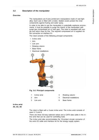 3.2 Description of the manipulator
Overview
The manipulators are 6-axis jointed-arm manipulators made of cast light
alloy. Each axis is fitted with a brake. Sealed covers protect the inner
components against fouling and water spray.
In order to be able to use the manipulator in potentially explosive environ-
ments, it must be possible to purge the interior of the manipulator with
purge gas (compressed air or inert gas). The robot is equipped with sup-
ply and return lines for this. The required compressed air is supplied via
the connection at interface A1.
The robot consists of the following principal components:
• In-line wrist
• Arm
• Link arm
• Rotating column
• Base frame
• Electrical installations
Fig. 3-2: Principal components
1 In-line wrist 4 Rotating column
2 Arm 5 Electrical installations
3 Link arm 6 Base frame
In-line wrist
A4, A5, A6
The robot is fitted with a 3-axis in-line wrist. The in-line wrist consists of
axes 4, 5 and 6.
There are three 5/2-way solenoid valves and a CAT5 data cable in the in-
line wrist that can be used for controlling tools.
The in-line wrist also accommodates the 10-contact circular connector of
the wrist I/O cable and interface A4 for the energy supply system.
KR AGILUS EX
MA KR AGILUS EX V1 | Issued: 06.06.2018 www.kuka.com | 11/118
Productdescription
 