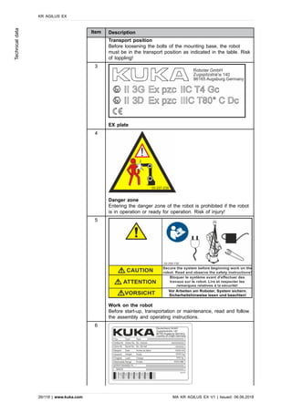 Item Description
Transport position
Before loosening the bolts of the mounting base, the robot
must be in the transport position as indicated in the table. Risk
of toppling!
3
EX plate
4
Danger zone
Entering the danger zone of the robot is prohibited if the robot
is in operation or ready for operation. Risk of injury!
5
Work on the robot
Before start-up, transportation or maintenance, read and follow
the assembly and operating instructions.
6
KR AGILUS EX
26/118 | www.kuka.com MA KR AGILUS EX V1 | Issued: 06.06.2018
Technicaldata
 