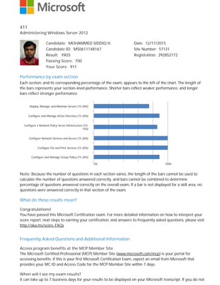 0%
411
Administering Windows Server 2012
Candidate: MOHAMMED SIDDIQ H. Date: 12/17/2015
Candidate ID: MS0611148167 Site Number: 57131
Result: PASS Registration: 292852172
Passing Score: 700
Your Score: 911
Performance by exam section
Each section, and its corresponding percentage of the exam, appears to the left of the chart. The length of
the bars represents your section-level performance. Shorter bars reflect weaker performance, and longer
bars reflect stronger performance.
100%
Note: Because the number of questions in each section varies, the length of the bars cannot be used to
calculate the number of questions answered correctly, and bars cannot be combined to determine
percentage of questions answered correctly on the overall exam. If a bar is not displayed for a skill area, no
questions were answered correctly in that section of the exam.
What do these results mean?
Congratulations!
You have passed this Microsoft Certification exam. For more detailed information on how to interpret your
score report, next steps to earning your certification, and answers to frequently asked questions, please visit:
http://aka.ms/score_FAQs
Frequently Asked Questions and Additional Information
Access program benefits at the MCP Member Site
The Microsoft Certified Professional (MCP) Member Site (www.microsoft.com/mcp) is your portal for
accessing benefits. If this is your first Microsoft Certification Exam, expect an email from Microsoft that
provides your MC ID and Access Code for the MCP Member Site within 7 days.
When will I see my exam results?
It can take up to 7 business days for your results to be displayed on your Microsoft transcript. If you do not
Deploy, Manage, and Maintain Servers (15-20%)
Configure and Manage Active Directory (15-20%)
Configure a Network Policy Server Infrastructure (10-
15%)
Configure Network Services and Access (15-20%)
Configure File and Print Services (15-20%)
Configure and Manage Group Policy (15-20%)
 