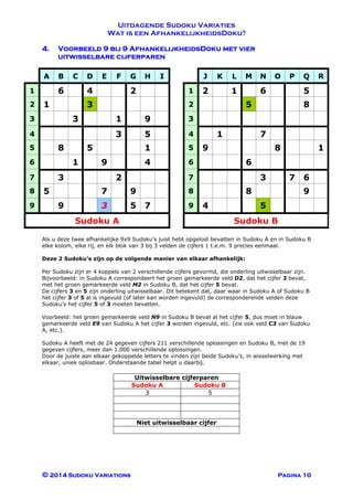 Uitdagende Sudoku Variaties
Wat is een AfhankelijkheidsDoku?
© 2014 Sudoku Variations Pagina 10
4. Voorbeeld 9 bij 9 AfhankelijkheidsDoku met vier
uitwisselbare cijferparen
A B C D E F G H I J K L M N O P Q R
1 6 4 2 1 2 1 6 5
2 1 3 2 5 8
3 3 1 9 3
4 3 5 4 1 7
5 8 5 1 5 9 8 1
6 1 9 4 6 6
7 3 2 7 3 7 6
8 5 7 9 8 8 9
9 9 3 5 7 9 4 5
Sudoku A Sudoku B
Als u deze twee afhankelijke 9x9 Sudoku’s juist hebt opgelost bevatten in Sudoku A en in Sudoku B
elke kolom, elke rij, en elk blok van 3 bij 3 velden de cijfers 1 t.e.m. 9 precies eenmaal.
Deze 2 Sudoku’s zijn op de volgende manier van elkaar afhankelijk:
Per Sudoku zijn er 4 koppels van 2 verschillende cijfers gevormd, die onderling uitwisselbaar zijn.
Bijvoorbeeld: in Sudoku A correspondeert het groen gemarkeerde veld D2, dat het cijfer 3 bevat,
met het groen gemarkeerde veld M2 in Sudoku B, dat het cijfer 5 bevat.
De cijfers 3 en 5 zijn onderling uitwisselbaar. Dit betekent dat, daar waar in Sudoku A of Sudoku B
het cijfer 3 of 5 al is ingevuld (of later kan worden ingevuld) de corresponderende velden deze
Sudoku’s het cijfer 5 of 3 moeten bevatten.
Voorbeeld: het groen gemarkeerde veld N9 in Sudoku B bevat al het cijfer 5, dus moet in blauw
gemarkeerde veld E9 van Sudoku A het cijfer 3 worden ingevuld, etc. (zie ook veld C3 van Sudoku
A, etc.).
Sudoku A heeft met de 24 gegeven cijfers 211 verschillende oplossingen en Sudoku B, met de 19
gegeven cijfers, meer dan 1.000 verschillende oplossingen.
Door de juiste aan elkaar gekoppelde letters te vinden zijn beide Sudoku’s, in wisselwerking met
elkaar, uniek oplosbaar. Onderstaande tabel helpt u daarbij.
Uitwisselbare cijferparen
Sudoku A Sudoku B
3 5
Niet uitwisselbaar cijfer
 