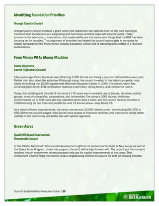 Council Sustainability Resource Guide | 25
Identifying Foundation Priorities
Orange County Council
Orange County Council employs a grant writer and researcher who spends much of her time looking at
trends of what foundations are supporting and how those priorities align with council needs. Today,
environmental education, conservation, and sustainability are hot topics—and things that the BSA has been
focusing on for decades. That alignment of priorities has helped the council secure gifts to complete its
capital campaign for the Irvine Ranch Outdoor Education Center and to add programs related to STEM and
sustainability.
From Money Pit to Money Machine
Camp Guyasuta
Laurel Highlands Council
A few years ago, Camp Guyasuta was attracting 3,200 Scouts and losing a quarter-million dollars every year.
Rather than shut down the suburban Pittsburgh camp, the council invested in the historic property, most
visibly by building the 12,000-square-foot McGinnis Education Center in 2005. The center, which has
achieved green-level LEED certification, features a dormitory, dining facility, and conference rooms.
Today, that building and the rest of the camp’s 175 acres are in constant use by Scouts, churches, school
groups, inner-city nonprofits, corporations, and universities. The camp’s COPE course, which can
accommodate up to 500 users per day, operates seven days a week, and the council recently unveiled a
1000-foot-long zip line that runs parallel to—and 13 stories above—busy Route 28.
As a result of these improvements, the camp now attracts 33,000 visitors a year, contributing $50,000 to
$60,000 to the council budget. Area Scouts have access to improved facilities, and the council enjoys better
visibility in the community and better ties with partner agencies.
Green Acres
Quail Hill Scout Reservation
Monmouth Council
In the 1990s, Monmouth Council sold development rights to its property to the state of New Jersey as part of
the Green Acres Program. Under this program, the land will be kept forever wild. The council put the money it
received into an endowment whose proceeds help pay for capital improvements at the camp. That
endowment income helps the council keep a longstanding promise to acquire no debt on building projects.
 