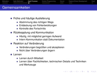 Motivation Agile Methoden Agile Prozesse Extrem Programming Scrum Feature Driven Development Fazit
Gemeinsamkeiten
Frühe und häuﬁge Auslieferung
Abstimmung des richtigen Wegs
Entdeckung von Fehlentwicklungen
Kontrolle des Fortschritts
Rückkopplung und Kommunikation
Häuﬁg, mit möglichst geringen Aufwand
Intern Kommunikation statt Dokumentation
Reaktion auf Veränderung
Veränderungen begrüßen und akzeptieren
Nicht über Veränderungen ärgern
Lernen
Lernen durch Mitarbeit
Lernen über Fachlichkeiten, technischen Details und Techniken
und Werkzeuge
 