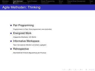 Motivation Agile Methoden Agile Prozesse Extrem Programming Scrum Feature Driven Development Fazit
Agile Methoden: Thinking
Pair Programming
Programmieren im Paar. Einer programmiert, einer kontrolliert
Energized Work
Angagiertes Mitarbeiten. 40h Woche
Informative Workspace
Team informationen öffentlich und einfach zugänglich
Retrospective
Abschließende Kritische Begutachtung der Prozesse
 