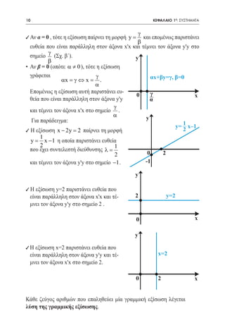 10   	                                                 ΚΕΦΑΛΑΙΟ 1ο: ΣΥΣΤΗΜΑΤΑ


                                                 γ
    9 Αν α = 0 , τότε η εξίσωση παίρνει τη μορφή y =
                                                   και επομένως παριστάνει
                                                β
    ευθεία που είναι παράλληλη στον άξονα x'x και τέμνει τον άξονα y'y στο
             γ
    σημείο (Σχ. β΄).                           y
             β
 •	 Αν β = 0 (οπότε α ≠ 0 ), τότε η εξίσωση
 	 γράφεται                       γ                    αx+βy=γ, β=0
                   αx = γ ⇔ x = .
                                 α
 	 Επομένως η εξίσωση αυτή παριστάνει ευ-              γ
                                               0                        x
    θεία που είναι παράλληλη στον άξονα y'y           α
                                         γ
    και τέμνει τον άξονα x'x στο σημείο .
       y                                 α          y
     Για παράδειγμα:	                                              1
                                                                y= x–1
 9 Η εξίσωση x − 2y =     2 παίρνει τη μορφή	                      2
         1 αx+βy=γ, β=0
 		y
  =        x − 1 η οποία παριστάνει ευθεία
         2                               1
y που έχει συντελεστή διεύθυνσης λ =           y
       0      γ 1                x       2           0     2                        x
             y= x–1
              α 2
 	 και τέμνει τον άξονα y'y στο σημείο −1 .         -1
                                                   2             y=2
y                                                  y
                 1
 0      2     y= x–1       x
                 2
   9 Η εξίσωση y=2 παριστάνει ευθεία που
-1                                                 0                          x
   	 είναι παράλληλη στον άξονα x'x και τέ-        2             y=2
   	 μνει τον άξονα y'y στο σημείο 2 .
 0      2                  x
-1                                                     0                      x

                                                   y

    9	Η εξίσωση x=2 παριστάνει ευθεία που
    	 είναι παράλληλη στον άξονα y'y και τέ-                 x=2
    	 μνει τον άξονα x'x στο σημείο 2.             y


                                                   0         2
                                                             x=2              x


    Κάθε ζεύγος αριθμών που επαληθεύει μία γραμμική εξίσωση λέγεται
    λύση της γραμμικής εξίσωσης.               0        2                     x
 