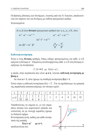 5.1 ΕΚΘΕΤΙΚΗ ΣΥΝΑΡΤΗΣΗ	                                                                        163



Οι βασικές ιδιότητες των δυνάμεων, γνωστές από την Α' Λυκείου, αποδεικνύ-
εται ότι ισχύουν και για δυνάμεις με εκθέτη πραγματικό αριθμό.
Συγκεκριμένα:


       Αν α, β είναι θετικοί πραγματικοί αριθμοί και x, x1 , x 2 ∈ , τότε:
          α x1 ⋅ α x 2 = α x1 + x 2                       α x1 : α x 2 = x1 − x 2
                                                                        α
                                      (α x1 ) x 2 =2
                                                  α x1x
                                                           α    αx
          (α ⋅β) x = α x ⋅βx                              ( )x = x
                                                           β    β


Εκθετική συνάρτηση
Έστω α ένας θετικός αριθμός. Όπως είδαμε προηγουμένως για κάθε x ∈ 
ορίζεται η δύναμη αx . Επομένως αντιστοιχίζοντας κάθε x ∈  στη δύναμη αx,
ορίζουμε τη συνάρτηση:
			 f :   με f (x) = α x ,
η οποία, στην περίπτωση που είναι α ≠ 1, λέγεται εκθετική συνάρτηση με
βάση α.
   Αν είναι α = 1, τότε έχουμε τη σταθερή συνάρτηση f(x) = 1.
Έστω τώρα η εκθετική συνάρτηση f(x) = 2x . Για να σχεδιάσουμε τη γραφική
της παράσταση κατασκευάζουμε τον πίνακα τιμών:

   x      -5       -4        -3       -2      -1      0      1        2       3        4   5
           1        1          1       1       1
 y=2x                                                 1      2        4       8       16   32
          32       16          8       4       2

Τοποθετώντας τα σημεία (x, y) του παρα-
                                                                  y
πάνω πίνακα στο καρτεσιανό επίπεδο και
ενώνοντάς τα με συνεχή καμπύλη έχουμε                                               y=2x
το διπλανό σχήμα.
Η συνάρτηση αυτή, καθώς και κάθε συνάρ-
τηση της μορφής
           f (x) = α x με α>1,                                    1
                                                                                                x
αποδεικνύεται ότι:
                                                                  0       1
 