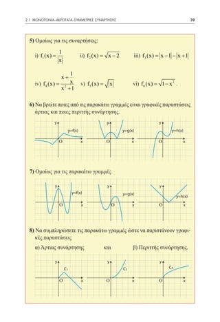 2.1 ΜΟΝΟΤΟΝΙΑ-ΑΚΡΟΤΑΤΑ-ΣΥΜΜΕΤΡΙΕΣ ΣΥΝΑΡΤΗΣΗΣ	                                                     39




  5) Ομοίως για τις συναρτήσεις:
                  1
  	 i) f1 (x) =                 ii) f 2 (x)
                                         =      x−2            iii) f 3 (x) = x − 1 − x + 1
                  x

                    1
                  x+
  	 iv) f 4 (x) = 2 x           v) f 5 (x) =        x 	        vi) f 6 (x)
                                                                         =       1− x2 .
                 x +1

  6) Να βρείτε ποιες από τις παρακάτω γραμμές είναι γραφικές παραστάσεις
  	 άρτιας και ποιες περιττής συνάρτησης.
              y                                 y                            y
                       y=f(x)                             y=g(x)                     y=h(x)

                  Ο             x               Ο              x             Ο              x




  7) Ομοίως για τις παρακάτω γραμμές

              y                                 y                            y
                           y=f(x)                         y=g(x)
                                                                                         y=h(x)

                  Ο             x                   Ο          x             Ο                x




  8) Να συμπληρώσετε τις παρακάτω γραμμές ώστε να παριστάνουν γραφι-
     κές παραστάσεις
  	 α) Άρτιας συνάρτησης 	                     και 		          β) Περιττής συνάρτησης.

              y                                 y                            y
                      C1                                  C2                        C3


                  Ο             x               Ο              x             Ο                x
 