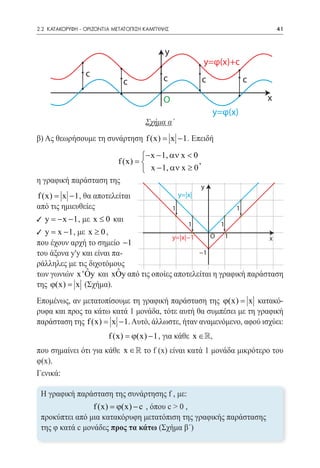 2.2 ΚΑΤΑΚΟΡΥΦΗ - ΟΡΙΖΟΝΤΙΑ ΜΕΤΑΤΟΠΙΣΗ ΚΑΜΠΥΛΗΣ	                                    41



                                             y
                                                              y=φ(x)+c
                 c                          c
                              c                               c            c

                                            O                                  x
                                                                  y=φ(x)
                                      Σχήμα α΄
β) Ας θεωρήσουμε τη συνάρτηση f (x) x − 1 . Επειδή
                                  =

                              − x − 1, αν x < 0
                      f (x) =                   ,
                               x − 1, αν x ≥ 0
η γραφική παράσταση της
                                                              y
f (x) x − 1 , θα αποτελείται
    =                                                 y=|x|
από τις ημιευθείες                                1                    1
9 y = x − 1 , με x ≤ 0 και
     −
                                                         1         1
9 y= x − 1 , με x ≥ 0 ,                            O 1
                                       y=|x|−1                      x
που έχουν αρχή το σημείο −1
του άξονα y'y και είναι πα-                    −1
ράλληλες με τις διχοτόμους
               ˆ         ˆ
των γωνιών x 'Oy και xOy από τις οποίες αποτελείται η γραφική παράσταση
της ϕ(x) =(Σχήμα).
            x
Επομένως, αν μετατοπίσουμε τη γραφική παράσταση της ϕ(x) = κατακό-
                                                              x
ρυφα και προς τα κάτω κατά 1 μονάδα, τότε αυτή θα συμπέσει με τη γραφική
παράσταση της f (x) x − 1. Αυτό, άλλωστε, ήταν αναμενόμενο, αφού ισχύει:
                  =
                         f (x) = − 1 , για κάθε x ∈,
                               ϕ(x)
που σημαίνει ότι για κάθε x ∈ το f (x) είναι κατά 1 μονάδα μικρότερο του
φ(x).
Γενικά:

 Η γραφική παράσταση της συνάρτησης f , με:
                 f (x) = − c , όπου c > 0 ,
                       ϕ(x)
 προκύπτει από μια κατακόρυφη μετατόπιση της γραφικής παράστασης
 της φ κατά c μονάδες προς τα κάτω (Σχήμα β΄)
                                Σχήμα β΄
 