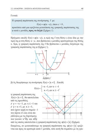 2.2 ΚΑΤΑΚΟΡΥΦΗ - ΟΡΙΖΟΝΤΙΑ ΜΕΤΑΤΟΠΙΣΗ ΚΑΜΠΥΛΗΣ	                                         43



Γενικά:

 Η γραφική παράσταση της συνάρτησης f με:
                          f (x) =(x − c) , όπου c > 0 ,
                                 ϕ
 προκύπτει από μια οριζόντια μετατόπιση της γραφικής παράστασης της
 φ κατά c μονάδες προς τα δεξιά (Σχήμα γ΄).

Πράγματι επειδή f (x) =(x − c) , η τιμή της f στη θέση x είναι ίδια με την
                        ϕ
τιμή της φ στη θέση x − c , που βρίσκεται c μονάδες αριστερότερα της θέσης
x. Άρα, η γραφική παράσταση της f θα βρίσκεται c μονάδες δεξιότερα της
γραφικής παράστασης της φ (Σχήμα γ΄).
				                                y

                                   c                               c
                                                          Cφ           Cf

                       φ(x-c)          f(x)
                                                               c


                                                      c

                             x−c              x   O                         x

                                              Σχήμα γ΄
β) Ας θεωρήσουμε τη συνάρτηση f (x) x + 1 . Επειδή
                                  =
                             − x − 1, αν x < −1
			 f (x) =                                     ,
                              x + 1, αν x ≥ −1
η γραφική παράσταση της
                                                                       y
f (x) x + 1 , θα αποτελείται
    =
από τις ημιευθείες                   1     y=|x|                                    1
9 y = x − 1 , με x ≤ −1 και
      −
9 y= x + 1 , με x ≥ −1 ,                    1                               1
                                  y=|x+1|
που έχουν αρχή το σημείο –1
του άξονα x'x και είναι πα-                   −1                                1
                                                                       O                x
ράλληλες με τις διχοτόμους
                ˆ
των γωνιών x 'Oy και xOy  ˆ
από τις οποίες αποτελείται η γραφική παράσταση της ϕ(x) =(Σχήμα).
                                                          x
Επομένως, αν μετατοπίσουμε τη γραφική παράσταση της ϕ(x) = οριζό-
                                                                x
ντια και προς τα αριστερά κατά 1 μονάδα, τότε αυτή θα συμπέσει με τη γρα-
 