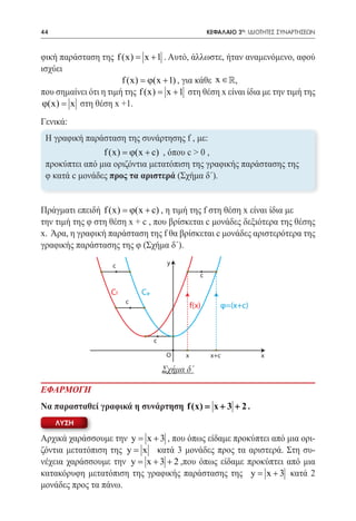 44   	                                                ΚΕΦΑΛΑΙΟ 2ο: ΙΔΙΟΤΗΤΕΣ ΣΥΝΑΡΤΗΣΕΩΝ



φική παράσταση της f (x) x + 1 . Αυτό, άλλωστε, ήταν αναμενόμενο, αφού
                          =
ισχύει
                       f (x) =(x + 1) , για κάθε x ∈ ,
                               ϕ
που σημαίνει ότι η τιμή της f (x) x + 1 στη θέση x είναι ίδια με την τιμή της
                                =
 ϕ(x) =στη θέση x +1.
       x
Γενικά:
 Η γραφική παράσταση της συνάρτησης f , με:
                f (x) =(x + c) , όπου c > 0 ,
                       ϕ
 προκύπτει από μια οριζόντια μετατόπιση της γραφικής παράστασης της
 φ κατά c μονάδες προς τα αριστερά (Σχήμα δ΄).


Πράγματι επειδή f (x) =(x + c) , η τιμή της f στη θέση x είναι ίδια με
                        ϕ
την τιμή της φ στη θέση x + c , που βρίσκεται c μονάδες δεξιότερα της θέσης
x. Άρα, η γραφική παράσταση της f θα βρίσκεται c μονάδες αριστερότερα της
γραφικής παράστασης της φ (Σχήμα δ΄).

                    c                 y
                                                  c

                   Cf       Cφ
                        c
                                               f(x)       φ=(x+c)



                                 c

                                      O    x           x+c             x

                                     Σχήμα δ΄

ΕΦΑΡΜΟΓΗ
Να παρασταθεί γραφικά η συνάρτηση f (x) = x + 3 + 2 .
     ΛΥΣΗ

Αρχικά χαράσσουμε την y x + 3 , που όπως είδαμε προκύπτει από μια ορι-
                        =
ζόντια μετατόπιση της y = x κατά 3 μονάδες προς τα αριστερά. Στη συ-
νέχεια χαράσσουμε την y = x + 3 + 2 ,που όπως είδαμε προκύπτει από μια
κατακόρυφη μετατόπιση της γραφικής παράστασης της y x + 3 κατά 2
                                                      =
μονάδες προς τα πάνω.
 