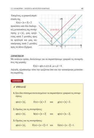 2.2 ΚΑΤΑΚΟΡΥΦΗ - ΟΡΙΖΟΝΤΙΑ ΜΕΤΑΤΟΠΙΣΗ ΚΑΜΠΥΛΗΣ	                                   45



Επομένως, η γραφική παρά-
σταση της                                                     y
      f (x) = x + 3 + 2
προκύπτει από δύο διαδοχι-
κές μετατοπίσεις της συνάρ-                       y=|x+3|+2            y=|x+3|
τησης y = x , μιας οριζό-
ντιας κατά 3 μονάδες προς                                                 y=|x|
τα αριστερά και μιας κα-                          2
τακόρυφης κατά 2 μονάδες
προς τα πάνω (Σχήμα).                                  3      O   1               x



ΣΗΜΕΙΩΣΗ:
Με ανάλογο τρόπο, δουλεύουμε για να παραστήσουμε γραφικά τις συναρτή-
σεις της μορφής:
                      f (x) =(x ± c) ± d , με c,d > 0
                             ϕ
Δηλαδή, αξιοποιούμε τόσο την οριζόντια όσο και την κατακόρυφη μετατόπι-
ση καμπύλης.


 ΑΣΚΗΣΕΙΣ


  A΄ ΟΜΑΔΑΣ

  1. Στο ίδιο σύστημα συντεταγμένων να παραστήσετε γραφικά τις συναρ-
     τήσεις:

      ϕ(x) =
           x ,	            f (x) x + 2 	
                               =              και	         g(x) x − 2 .
                                                              =

  2. Ομοίως για τις συναρτήσεις:
      ϕ(x) =
           x ,	            h(x) x + 2 	
                              =               και 	        q(x) x − 2 .
                                                              =

  3. Ομοίως για τις συναρτήσεις:
      ϕ(x) =
           x ,	          F(x) = x + 2 + 1 και 	            G(x) = x − 2 − 1 .
                                         	
 