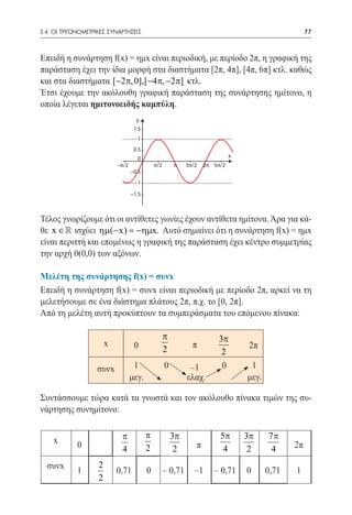 3.4 ΟΙ ΤΡΙΓΩΝΟΜΕΤΡΙΚΕΣ ΣΥΝΑΡΤΗΣΕΙΣ	                                                                 77



Επειδή η συνάρτηση f(x) = ημx είναι περιοδική, με περίοδο 2π, η γραφική της
παράσταση έχει την ίδια μορφή στα διαστήματα [2π, 4π], [4π, 6π] κτλ. καθώς
και στα διαστήματα [−2π, 0],[−4π, −2π] κτλ.
Έτσι έχουμε την ακόλουθη γραφική παράσταση της συνάρτησης ημίτονο, η
οποία λέγεται ημιτονοειδής καμπύλη.
                                    y
                                   1.5
                                    1
                                   0.5
                                    0                                        x
                           –π/2              π/2       π    3π/2   2π 5π/2
                                  –0.5
                                   –1
                                  –1.5



Τέλος γνωρίζουμε ότι οι αντίθετες γωνίες έχουν αντίθετα ημίτονα. Άρα για κά-
θε x ∈  ισχύει ηµ(− x) = −ηµx. Αυτό σημαίνει ότι η συνάρτηση f(x) = ημx
είναι περιττή και επομένως η γραφική της παράσταση έχει κέντρο συμμετρίας
την αρχή 0(0,0) των αξόνων.

Μελέτη της συνάρτησης f(x) = συνx
Επειδή η συνάρτηση f(x) = συνx είναι περιοδική με περίοδο 2π, αρκεί να τη
μελετήσουμε σε ένα διάστημα πλάτους 2π, π.χ. το [0, 2π].
Από τη μελέτη αυτή προκύπτουν τα συμπεράσματα του επόμενου πίνακα:

                                                   π                   3π
                       x           0                          π                   2π
                                                   2                    2
                   συνx            1               0         –1         0         1
                                  μεγ.                      ελαχ.                μεγ.

Συντάσσουμε τώρα κατά τα γνωστά και τον ακόλουθο πίνακα τιμών της συ-
νάρτησης συνημίτονο:

                            π            π             3π               5π       3π     7π
    x       0               4            2              2      π         4        2      4     2π

  συνx             2
            1              0,71          0         – 0,71      –1     – 0,71     0      0,71   1
                   2
 