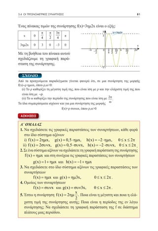3.4 ΟΙ ΤΡΙΓΩΝΟΜΕΤΡΙΚΕΣ ΣΥΝΑΡΤΗΣΕΙΣ	                                                     81



Ένας πίνακας τιμών της συνάρτησης f(x)=3ημ2x είναι ο εξής:
                                                              y
                 π     π    3π                                        y = 3ημ2x
    x      0                          π                       3
                 4     2     4

 3ημ2x     0     3     0    –3        0                                                 x
                                                    –π – π    0   – 2 3π π
                                                                  π π             3π   2π
Με τη βοήθεια του πίνακα αυτού                           2        4 – 2            2

σχεδιάζουμε τη γραφική παρά-
σταση της συνάρτησης.
                                                             –3


   ΣΧΟΛΙΟ
Από τα προηγούμενα παραδείγματα γίνεται φανερό ότι, σε μια συνάρτηση της μορφής
f(x)=ρ ημωx, όπου ρ,ω>0:
	 (i) Το ρ καθορίζει τη μέγιστη τιμή της, που είναι ίση με ρ και την ελάχιστη τιμή της που
   είναι ίση με −ρ.
	 (ii) Το ω καθορίζει την περίοδο της συνάρτησης που είναι ίση με 2π .
Τα ίδια συμπεράσματα ισχύουν και για μια συνάρτηση της μορφής ω
                                f(x)=ρ συνωx, όπου ρ,ω>0

 ΑΣΚΗΣΕΙΣ

 Α΄ ΟΜΑΔΑΣ
 1. Να σχεδιάσετε τις γραφικές παραστάσεις των συναρτήσεων, κάθε φορά
    στο ίδιο σύστημα αξόνων
    i) f (x) = 2ηµx, g(x) 0,5 ⋅ ηµx, h(x) = −2 ⋅ ηµx, 0 ≤ x ≤ 2π
                          =
   ii) f (x) = 2συνx, g(x) 0,5 ⋅ συνx, h(x) = −2 ⋅ συνx, 0 ≤ x ≤ 2π .
                          =
 2. Σε ένα σύστημα αξόνων να σχεδιάσετε τη γραφική παράσταση της συνάρτησης
     f (x) = ηµx και στη συνέχεια τις γραφικές παραστάσεις των συναρτήσεων
 		 g(x) = 1 + ηµx και h(x) = −1 + ηµx
 3. Να σχεδιάσετε στο ίδιο σύστημα αξόνων τις γραφικές παραστάσεις των
    συναρτήσεων
 		 f (x) = ηµx και g(x) = ηµ3x,             0 ≤ x ≤ 2π .
 4. Ομοίως των συναρτήσεων
    	    f (x) = συνx και g(x) = συν3x,      0 ≤ x ≤ 2π .
                                 x
 5. Έστω η συνάρτηση f (x) = 2ηµ . Ποια είναι η μέγιστη και ποια η ελά-
                                  2
 	 χιστη τιμή της συνάρτησης αυτής; Ποια είναι η περίοδος της εν λόγω
    συνάρτησης; Να σχεδιάσετε τη γραφική παράσταση της f σε διάστημα
    πλάτους μιας περιόδου.
 