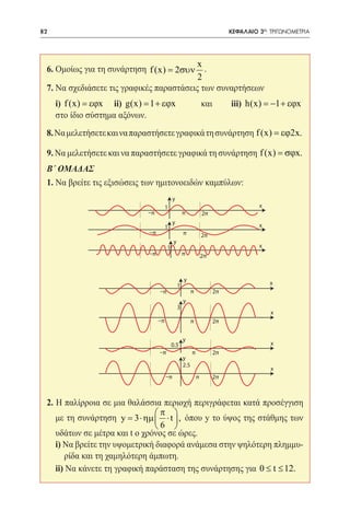 82   	                                                                       ΚΕΦΑΛΑΙΟ 3ο: ΤΡΙΓΩΝΟΜΕΤΡΙΑ




                                          x
 6. Ομοίως για τη συνάρτηση f (x) = 2συν    .
                                          2
 7. Να σχεδιάσετε τις γραφικές παραστάσεις των συναρτήσεων
 	 i) f (x) = εϕx ii) g(x) = 1 + εϕx                              και        iii) h(x) = −1 + εϕx
   στο ίδιο σύστημα αξόνων.
 8. Να μελετήσετε και να παραστήσετε γραφικά τη συνάρτηση f (x) = εϕ2x.

 9. Να μελετήσετε και να παραστήσετε γραφικά τη συνάρτηση f (x) = σϕx.
 B΄ ΟΜΑΔΑΣ
 1. Να βρείτε τις εξισώσεις των ημιτονοειδών καμπύλων:
                                            y
                                       1                                              x
                            –π                      π             2π
                                            y                                         x
                                       1
                             –π                     π             2π
                                            y
                                       1                                              x
                             –π                     π             2π


                                                    y
                                                1                                         x
                                  –π                      π             2π
                                                    y
                                                3
                                                                                          x
                                  –π                      π             2π

                                                    y
                                           0.5                                            x
                                  –π                      π             2π
                                                    y
                                                    2.5
                                                                                          x
                                       –π                     π         2π



 2. Η παλίρροια σε μια θαλάσσια περιοχή περιγράφεται κατά προσέγγιση
                               π 
    με τη συνάρτηση y= 3 ⋅ ηµ  ⋅ t  , όπου y το ύψος της στάθμης των
                               6 
    υδάτων σε μέτρα και t ο χρόνος σε ώρες.
    i) Να βρείτε την υψομετρική διαφορά ανάμεσα στην ψηλότερη πλημμυ-
       ρίδα και τη χαμηλότερη άμπωτη.
    ii) Να κάνετε τη γραφική παράσταση της συνάρτησης για 0 ≤ t ≤ 12.
 