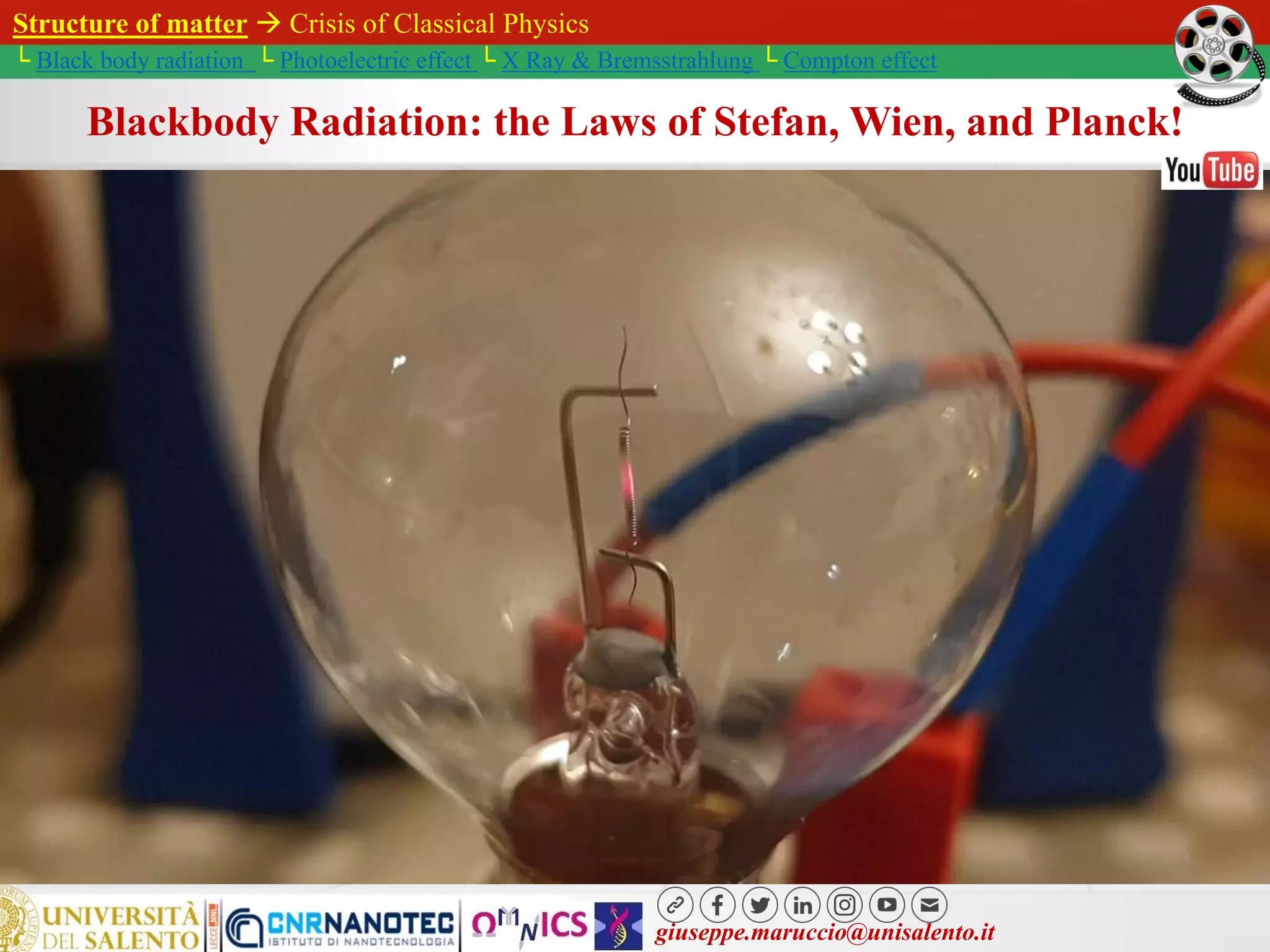 giuseppe.maruccio@unisalento.it
Structure of matter  Crisis of Classical Physics
└ Black body radiation └ Photoelectric effect └ X Ray & Bremsstrahlung └ Compton effect
Blackbody Radiation: the Laws of Stefan, Wien, and Planck!
 